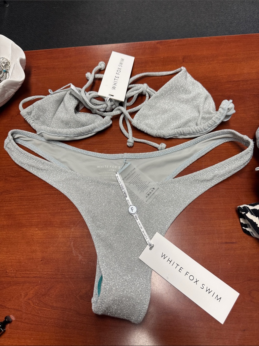 White fox sparkle metallic silver bikini L // 092602
